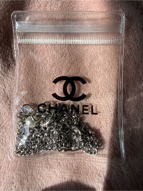 CHANEL Silver Chain Necklace with Logo Charm in Clear Pouch